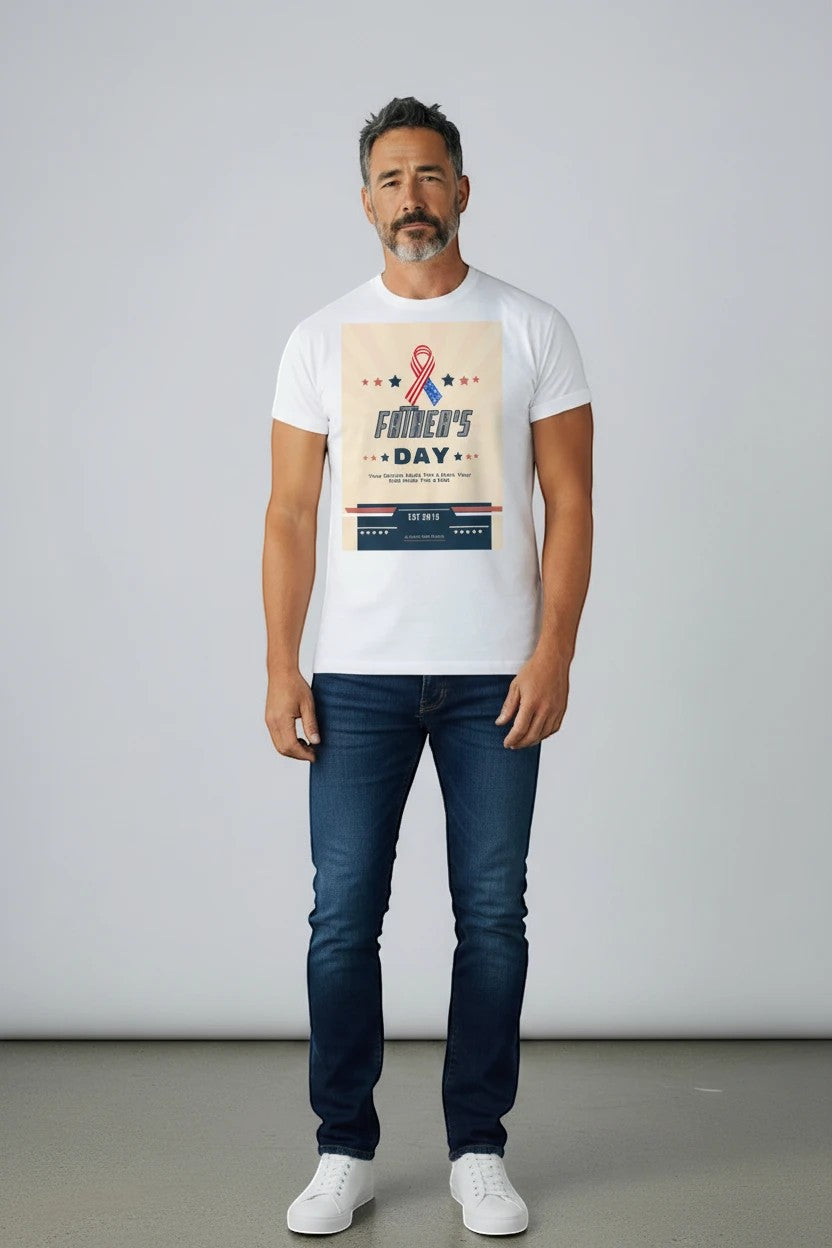 Here's the T's LLC white t-shirt with Father's Day graphic: patriotic ribbon, stars, and text honoring dads.