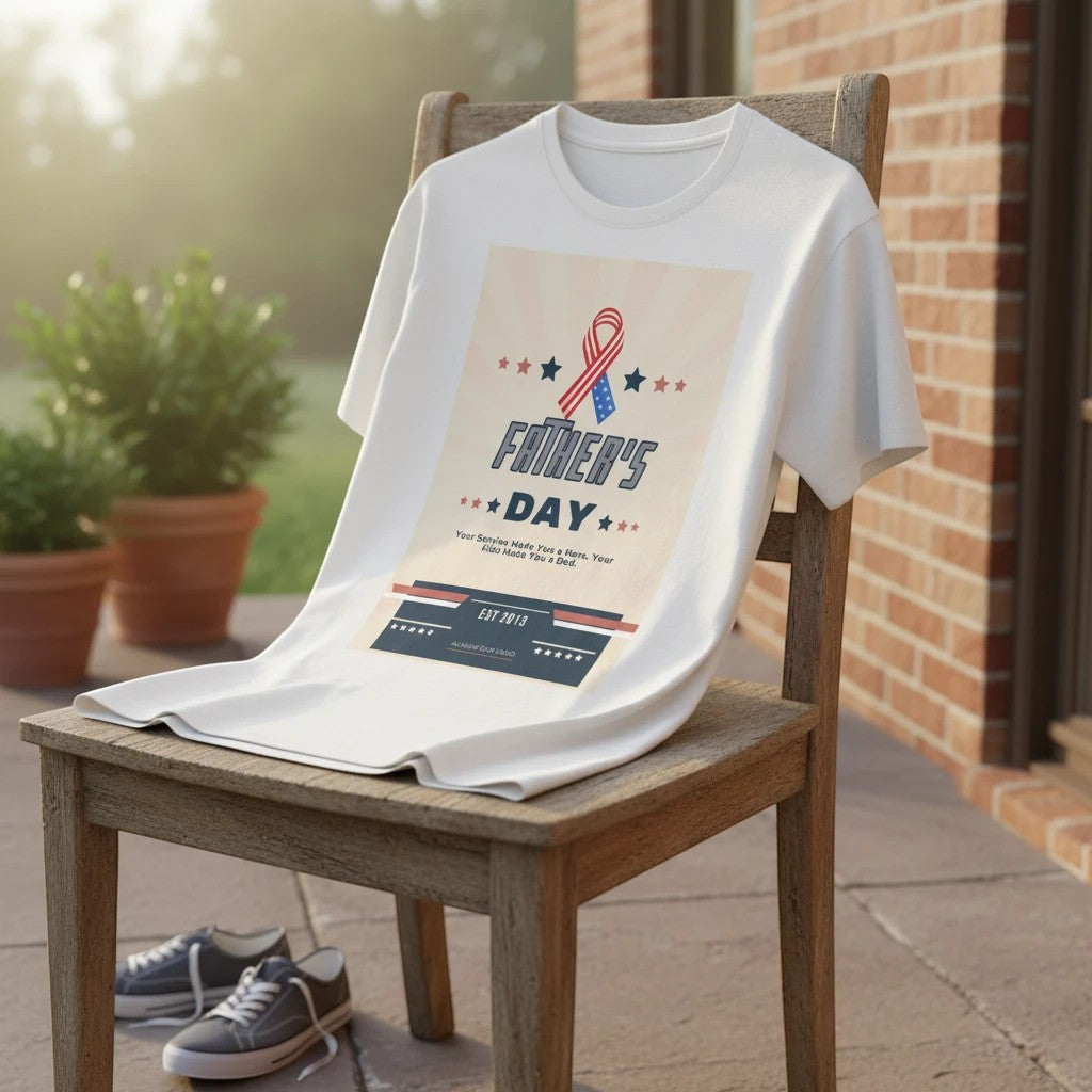 White t-shirt with Father's Day graphic featuring patriotic ribbon, stars, and text: "FATHER'S DAY, Your Service Made You a Hero. Your Kids Made You a Dad."