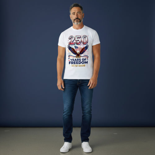 Here's the T's LLC 250 Years of Freedom design with an eagle holding the American flag, surrounded by fireworks and patriotic text.