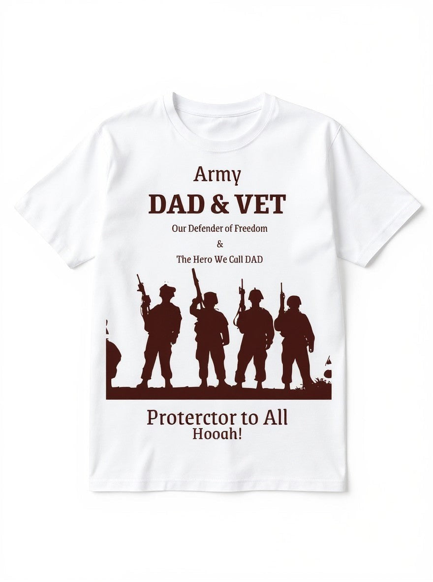 White t-shirt with a graphic of soldier silhouettes and patriotic text honoring Army Dads and Veterans.