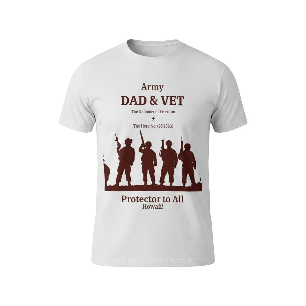 White cotton t-shirt with Army Dad & Vet graphic. Features soldier silhouettes and patriotic text. Here's the T's LLC.