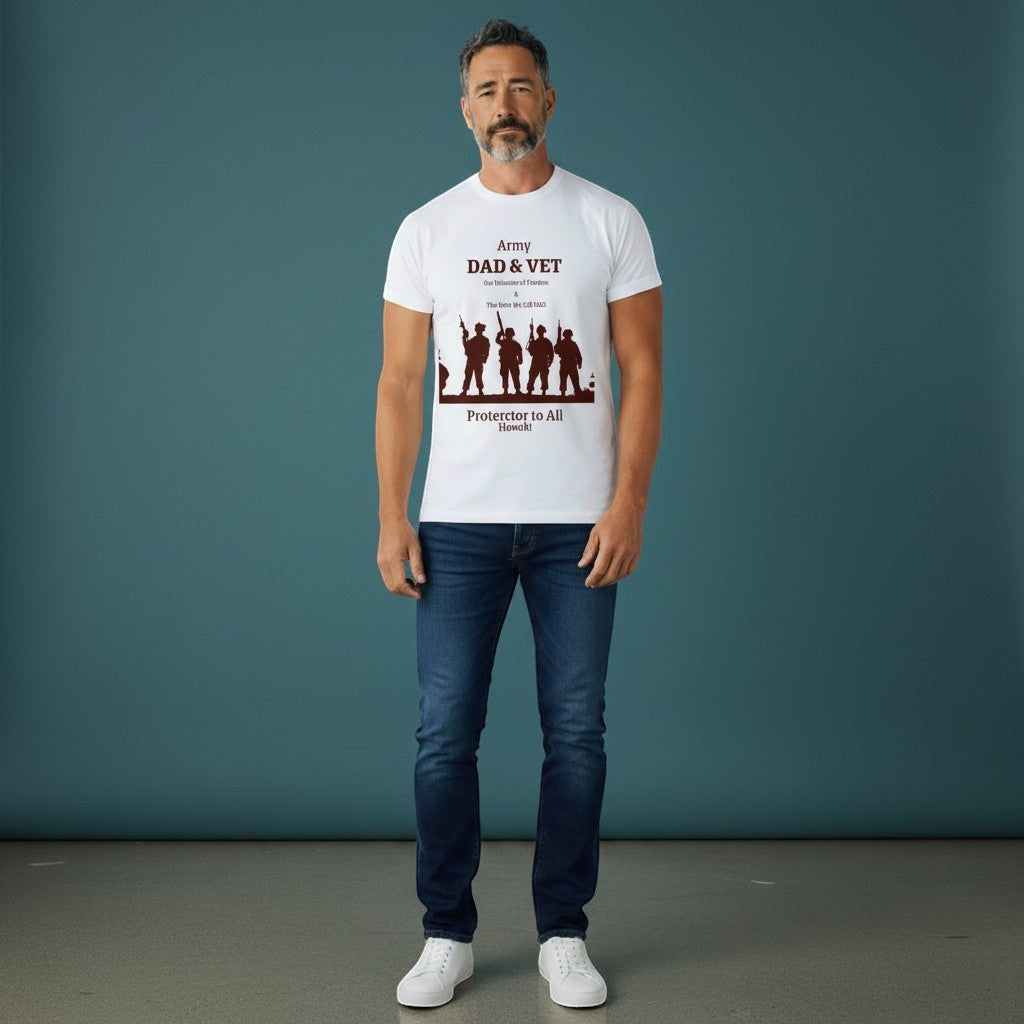 White cotton t-shirt with a graphic honoring Army Dads and Veterans. Features soldier silhouettes and patriotic text.