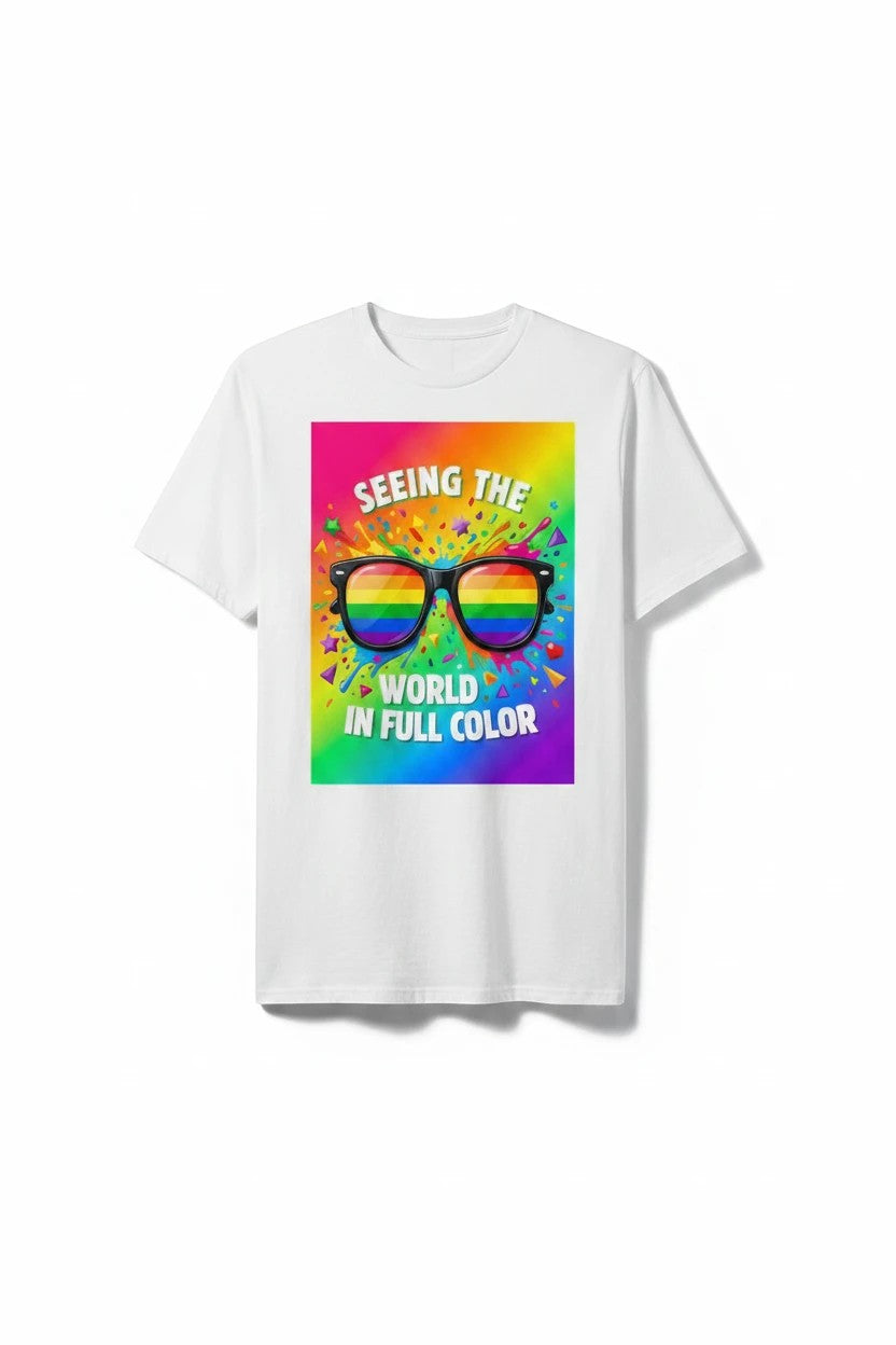 Here's the T's LLC white t-shirt with a graphic of rainbow sunglasses and colorful confetti. Text reads 'Seeing the World in Full Color'.
